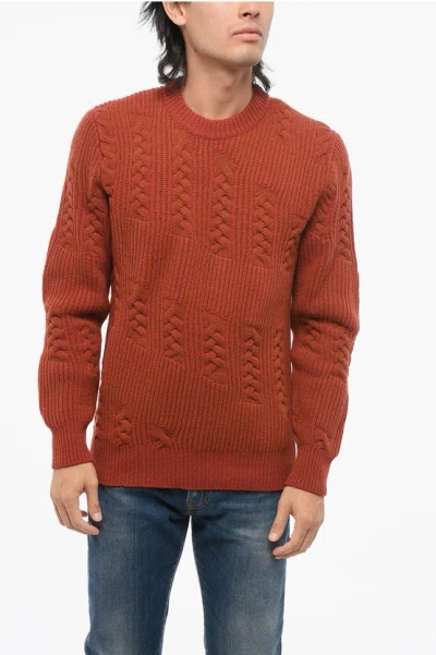 Altea Cable Knit Virgin Wool Sweater With Crew Neck In Brown