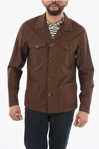 Altea Cotton And Flax Derby Utility Overshirt In Brown