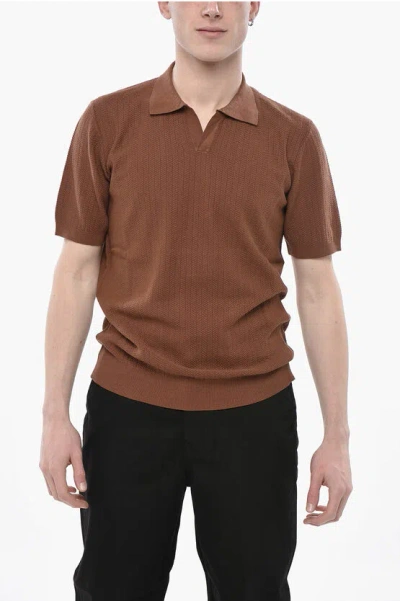 Altea Linen And Cotton Open-collar Polo With Chevron Pattern In Brown