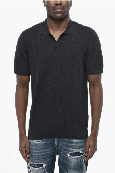 Altea Linen And Cotton Polo With Open Collar And Chevron Pattern In Black
