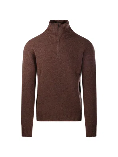 Altea Quarter-zip Ribbed-trim Sweater In Brown