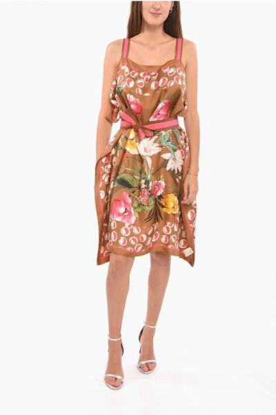 Altea Silk Aria Dress With Floral Motif And Foulard In Brown