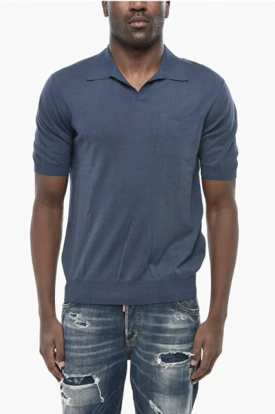Altea Solid Open-collar Polo With Chest Pocket In Blue