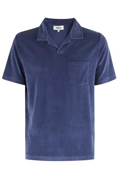 Altea Sponge-effect V-neck Polo With Chest Pocket In Blue