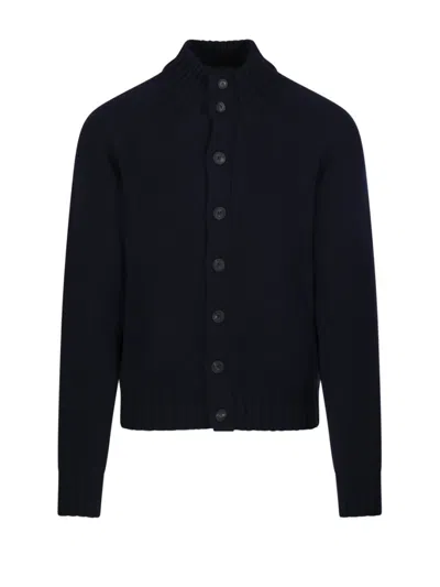 Altea Textured Knit Jacket With High Collar And Button-down Front In Blue