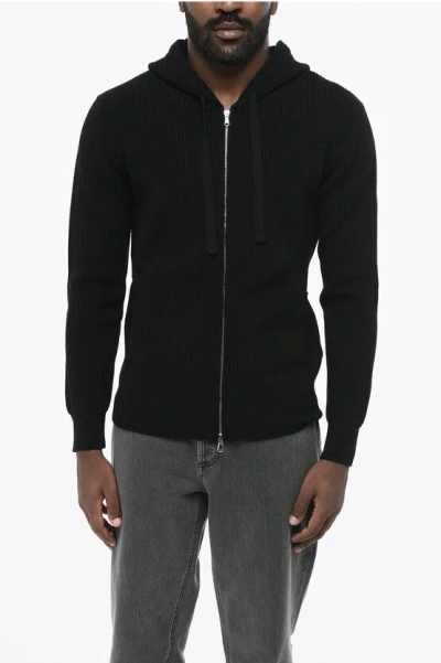 Altea Virgin Wool Full-zip Sweater With Hood In Black