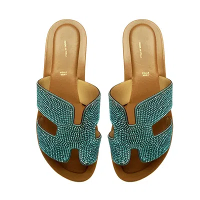 Altramoda Redressing The World Blue H-strap Crystal Slides For Women In Natural Leather - Turquoise