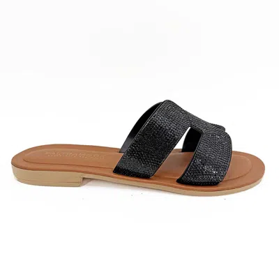 Altramoda Redressing The World H-strap Crystal Slides For Women In Natural Leather - Black
