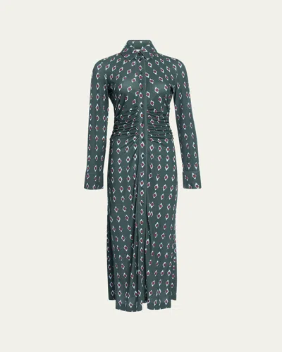 Altuzarra Claudia Diamond-print Long-sleeve Ruched Midi Shirtdress In Hunter Green