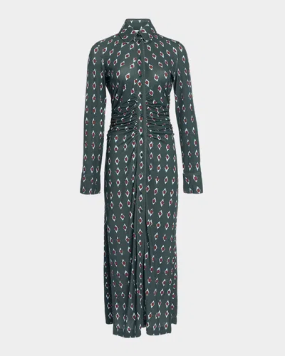 Altuzarra Claudia Diamond-print Long-sleeve Ruched Midi Shirtdress In Green