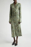 Altuzarra Claudia Marbled Floral Print Ruched Long Sleeve Jersey Shirtdress In Green