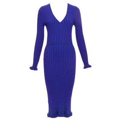 Pre-owned Altuzarra Cobalt Blue Green Topstitch Ribbed Bodycon V Neck Dress L