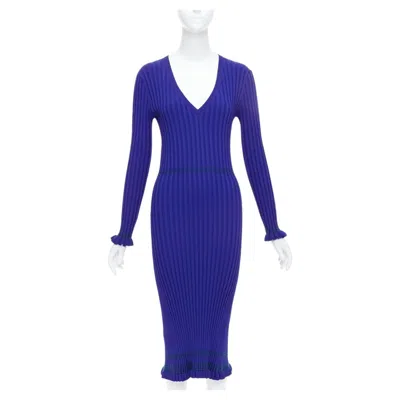 Pre-owned Altuzarra Cobalt Blue Green Topstitch Ribbed Bodycon V Neck Dress L