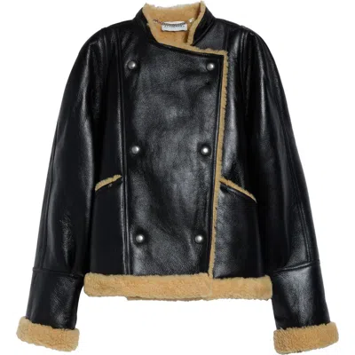 Altuzarra Kenny Genuine Shearling Trim Leather Coat In Black