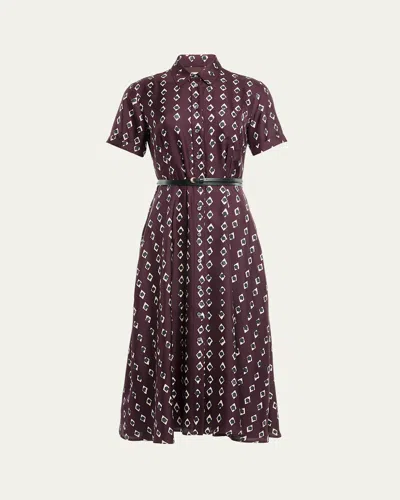 Altuzarra Kiera Diamond-print Silk Short-sleeve Midi Shirtdress In Deep Cherry Brown