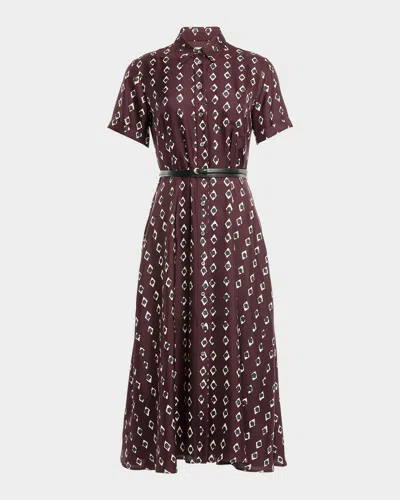 Altuzarra Kiera Diamond-print Silk Short-sleeve Midi Shirtdress In Burgundy