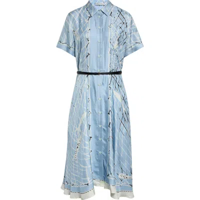 Altuzarra Kiera Fishnet Print Belted Silk Shirtdress In Blue