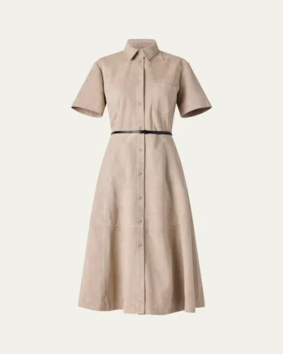 Altuzarra Kiera Suede Fit-flare Belted Midi Dress In Moonlight