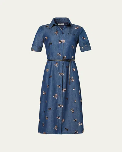 Altuzarra Kieran Sequined Floral Denim Midi Shirtdress With Belt In Blue