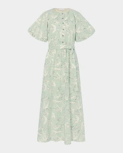 Altuzarra Paulina Dove-print Cotton Puff-sleeve Belted Midi Dress In Green