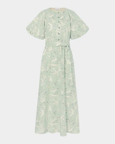 Altuzarra Paulina Dove-print Cotton Puff-sleeve Belted Midi Dress In Desert Sage Bird