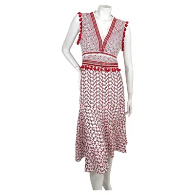 Pre-owned Altuzarra Red White Embroidered Eyelet Cotton Pom-pom Midi Dress, Size 38