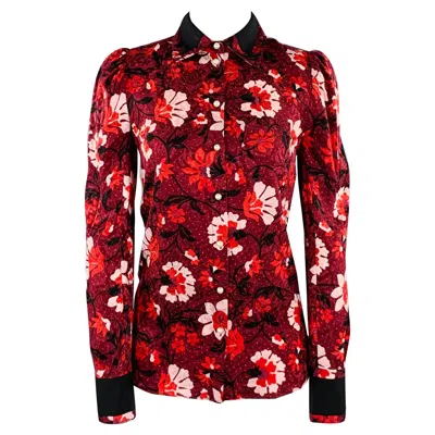 Pre-owned Altuzarra Size 0 Burgundy Black White Silk Floral Blouse
