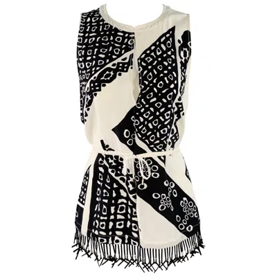 Pre-owned Altuzarra Size 6 Black Cream Abstract Sleeveless Fringe Casual Top In White