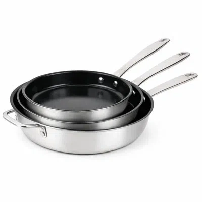 Alva Maestro 3-piece Stainless Steel Nonstick Frying Pan Set – Made Without Pfas, Pfoa & Ptfe Ceramic Coa In Silver