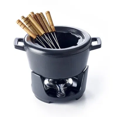 Alva Nori 2 Qt. Premium Enameled Cast Iron Fondue Set For Cheese Chocolate And Meat With 8 Forks And Burn In Black