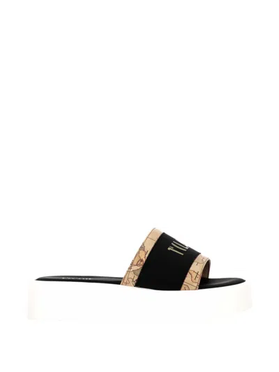Alviero Martini 1° Classe Geo Map Logo-print Flat Sandals In Black