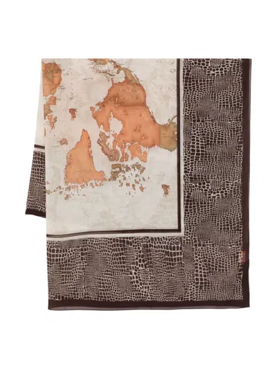 Alviero Martini 1° Classe Map-print Crocodile-effect Scarf In Brown