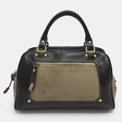 Pre-owned Alviero Martini 1a Classe Beige/black Geo Print Coated Canvas And Leather Satchel In Sand