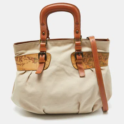 Alviero Martini 1a Classe Beige/brown Geo Print Coated Canvas Canvas And Leather Satchel In Sand