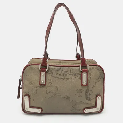 Pre-owned Alviero Martini 1a Classe Beige/red Geo Coated Canvas And Leather Satchel