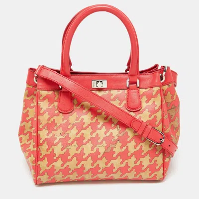 Alviero Martini 1a Classe Beige/red Geo Print Coated Canvas And Leather Tote In Sand