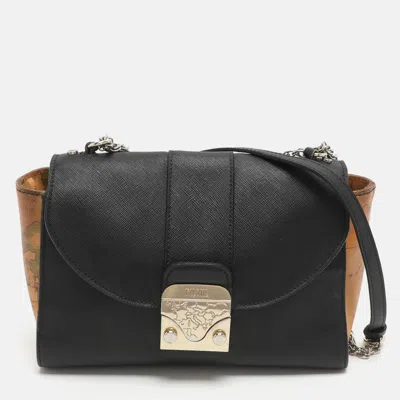 Pre-owned Alviero Martini 1a Classe Black/tan Geo Print Coated Canvas And Leather Crossbody Bag