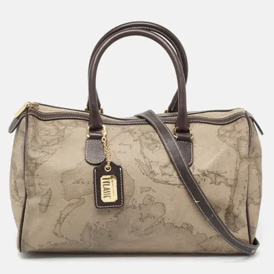 Alviero Martini 1a Classe Grey/brown Geo Print Coated Canvas And Leather Satchel In Gray