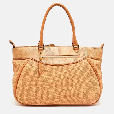 Pre-owned Alviero Martini 1a Classe Orange/tan Geo Print Coated Canvas And Woven Leather Zip Tote