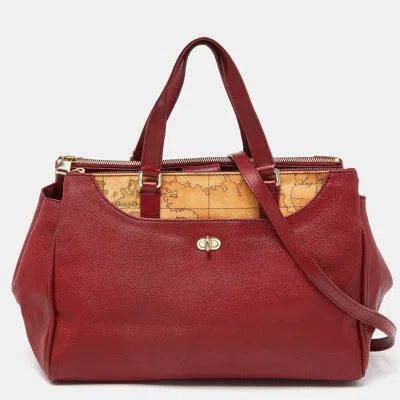 Alviero Martini 1a Classe Red/beige Geo Print Coated Canvas And Leather Tote