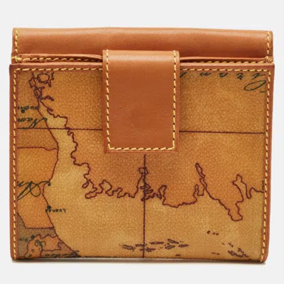 Pre-owned Alviero Martini 1a Classe Tan Classic Print Coated Canvas And Leather Flap Compact Wallet