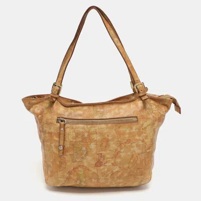 Pre-owned Alviero Martini 1a Classe Tan Geo Classic Print Coated Canvas Tote In Brown