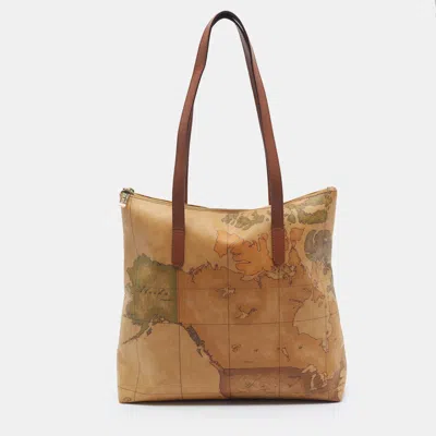 Pre-owned Alviero Martini 1a Classe Tan Geo Classic Print Coated Canvas Zip Tote In Brown