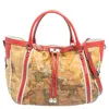 ALVIERO MARTINI 1A CLASSE TAN GEO PRINT COATED CANVAS AND LEATHER DRAWSTRING SHOULDER BAG
