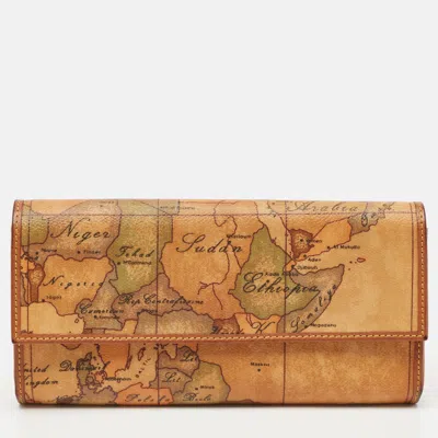 Pre-owned Alviero Martini 1a Classe Tan Geo Print Coated Canvas And Leather Flap Continental Wallet