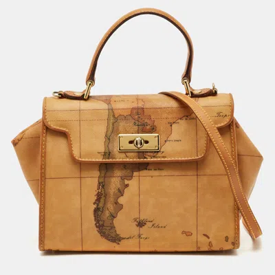 Pre-owned Alviero Martini 1a Classe Tan Geo Print Coated Canvas And Leather Flap Top Handle Bag