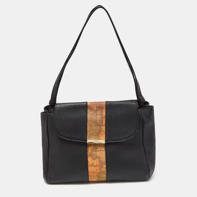 Alviero Martini 1a Classe /tan Geo Print Coated Canvas And Leather Shoulder Bag In Black