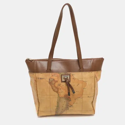 Alviero Martini 1a Classe Tan/brown Geo Print Coated Canvas And Leather Tote In Nude