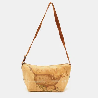 Pre-owned Alviero Martini 1a Classe Zip Tan Geo Classic Print Coated Canvas Crossbody Bag In Brown