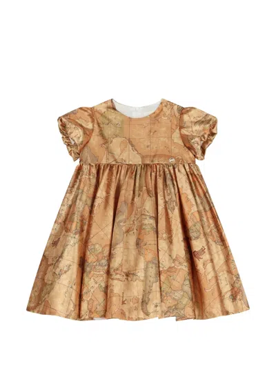 Alviero Martini Kids' Puff Sleeves Map Print Dress In Neutral